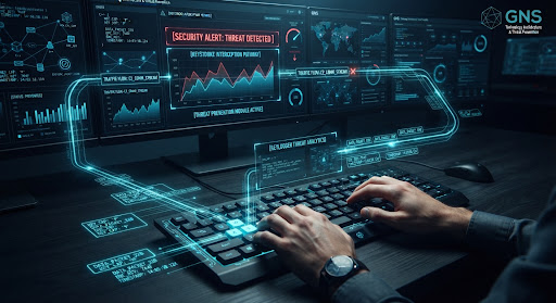 Cybersecurity visual showing illuminated keyboard traces and monitored keystroke interception packets highlighted with glowing cyber cyan accents.