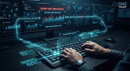 Cybersecurity visual showing illuminated keyboard traces and monitored keystroke interception packets highlighted with glowing cyber cyan accents.