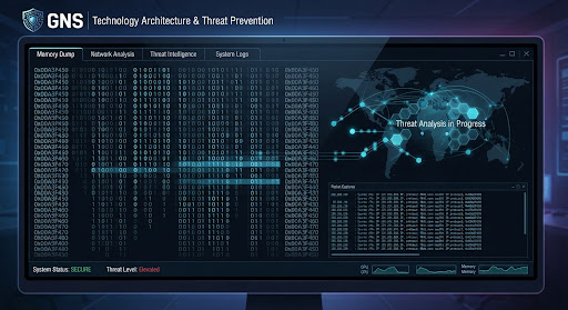 Technical digital cyber illustration of binary code memory dump matrix on computer screen with data streams in soft electric cyan and cool monochrome slate.