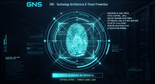 High detail glowing neon cyan holographic human biometric fingerprint scanning visual on dark midnight navy background, illuminated biometric lines with laser telemetry grids and cyber cryptographic readouts.