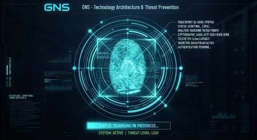 High detail glowing neon cyan holographic human biometric fingerprint scanning visual on dark midnight navy background, illuminated biometric lines with laser telemetry grids and cyber cryptographic readouts.